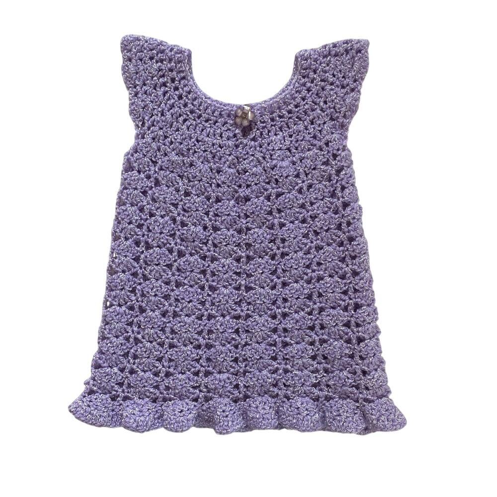 Girls Purple Knit Shirt Dress with Flower Button, Handmade